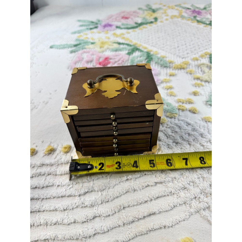 Vintage Gourmet Royale Ltd Wood Coaster Set 6 Piece Brass Trim Storage Box - Picture 9 of 9
